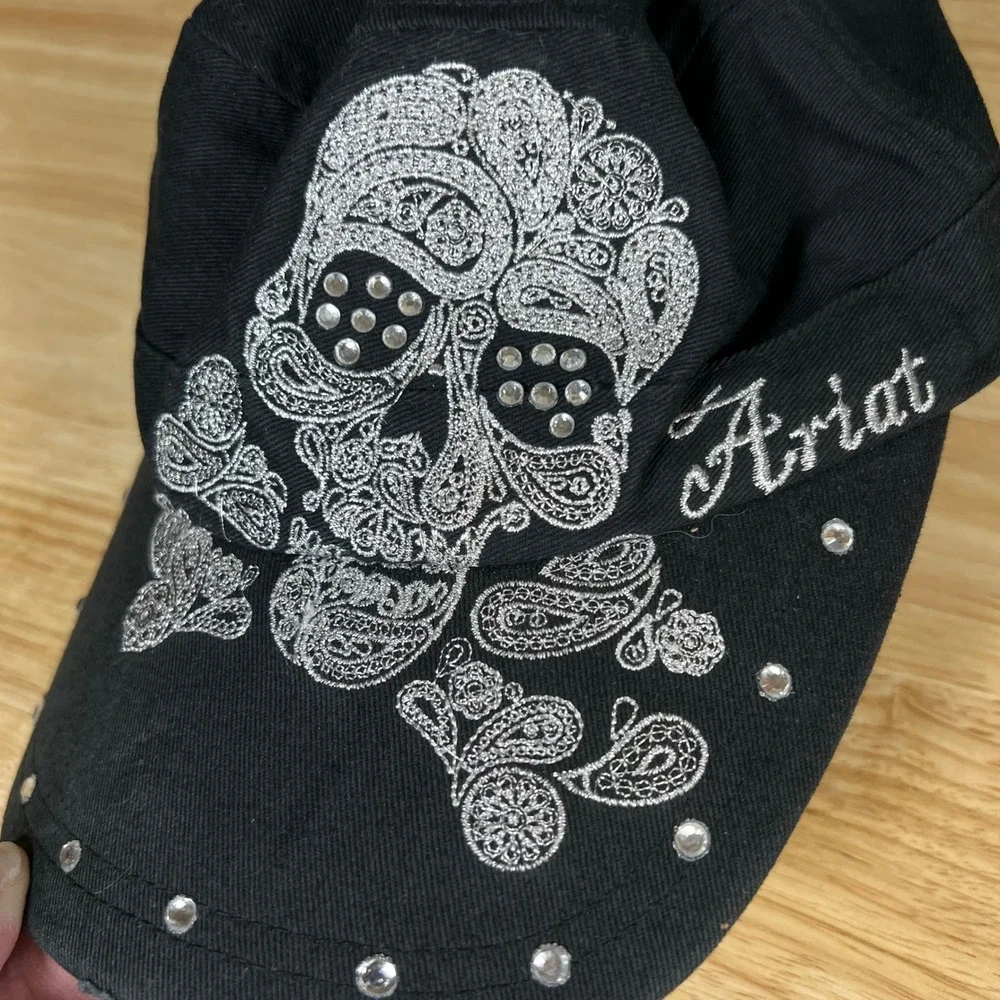 Ariat Black Cotton Cadet Hat Silver Embroidered Sugar Skull Rhinestone Distress